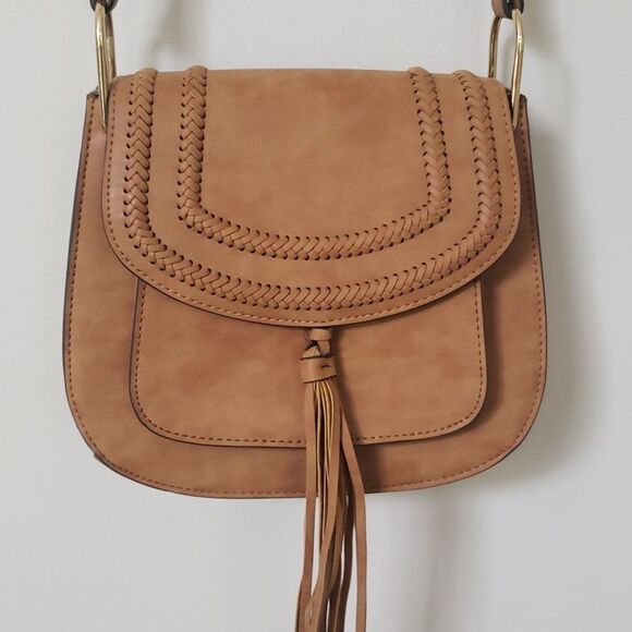 Franco Sarto Purse Tan Suede Tassel Crossbody Bag Structured Saddlebag Purse - Picture 2 of 7
